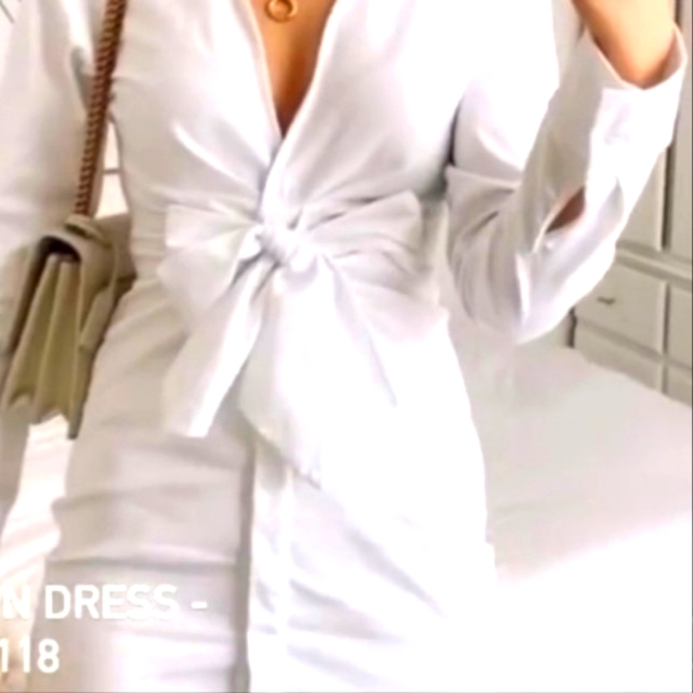 NWT Zara White Long Sleeves Tie Waist Front Long Sleeve Midi  Dress Sz Lg
